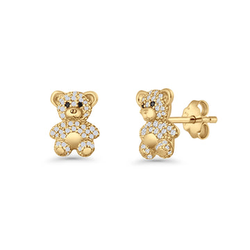 Teddy Bear Stud Earrings Cubic Zirconia Yellow Tone 925 Sterling Silver